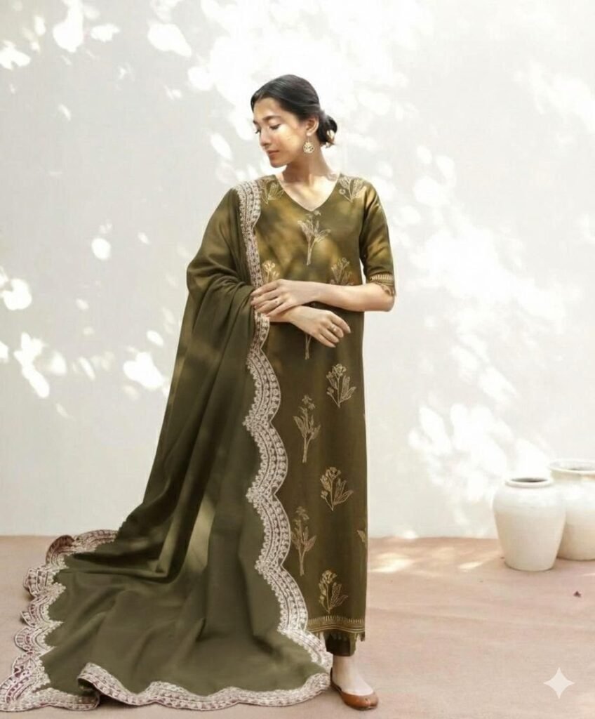 Dhank Embroidered Shawl Suit